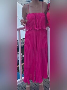 Aqua Hot Pink Pleated Strapless Ruffle Jumpsuit